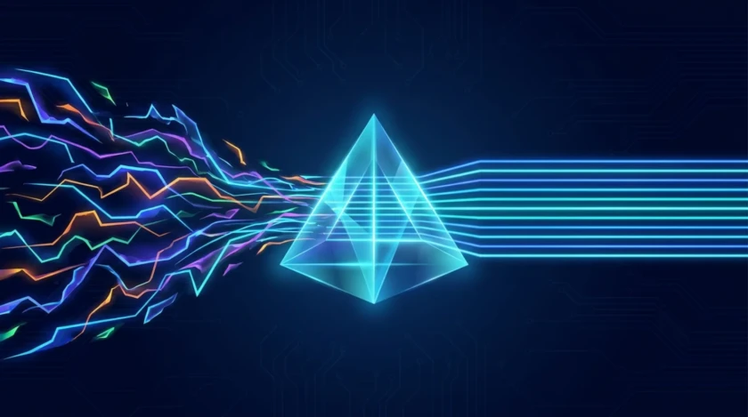 Illustrazione astratta della normalizzazione dei log in Wazuh 5.0: flussi di dati eterogenei che attraversano un prisma ed escono uniformi e allineati