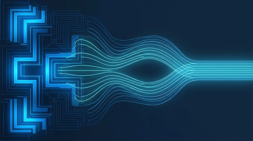 Illustrazione astratta della migrazione delle regole Wazuh dal formato XML a YAML Sigma: strutture angolari che si trasformano in flussi ordinati