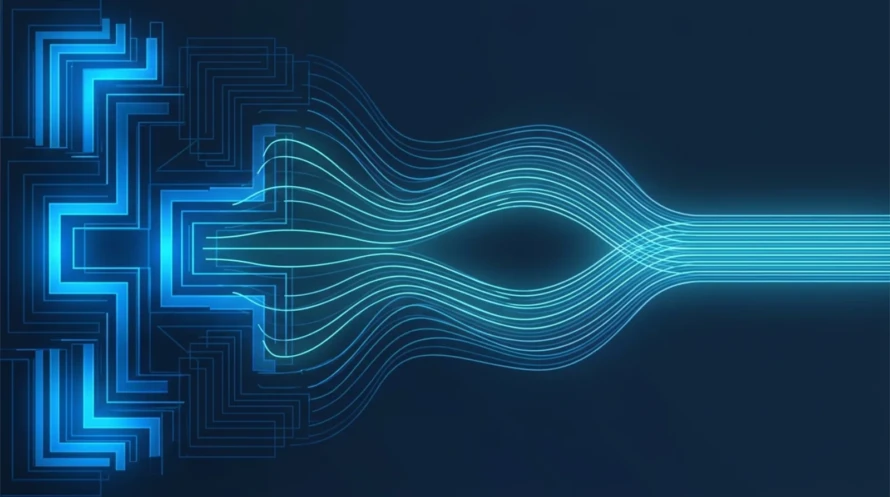 Illustrazione astratta della migrazione delle regole Wazuh dal formato XML a YAML Sigma: strutture angolari che si trasformano in flussi ordinati