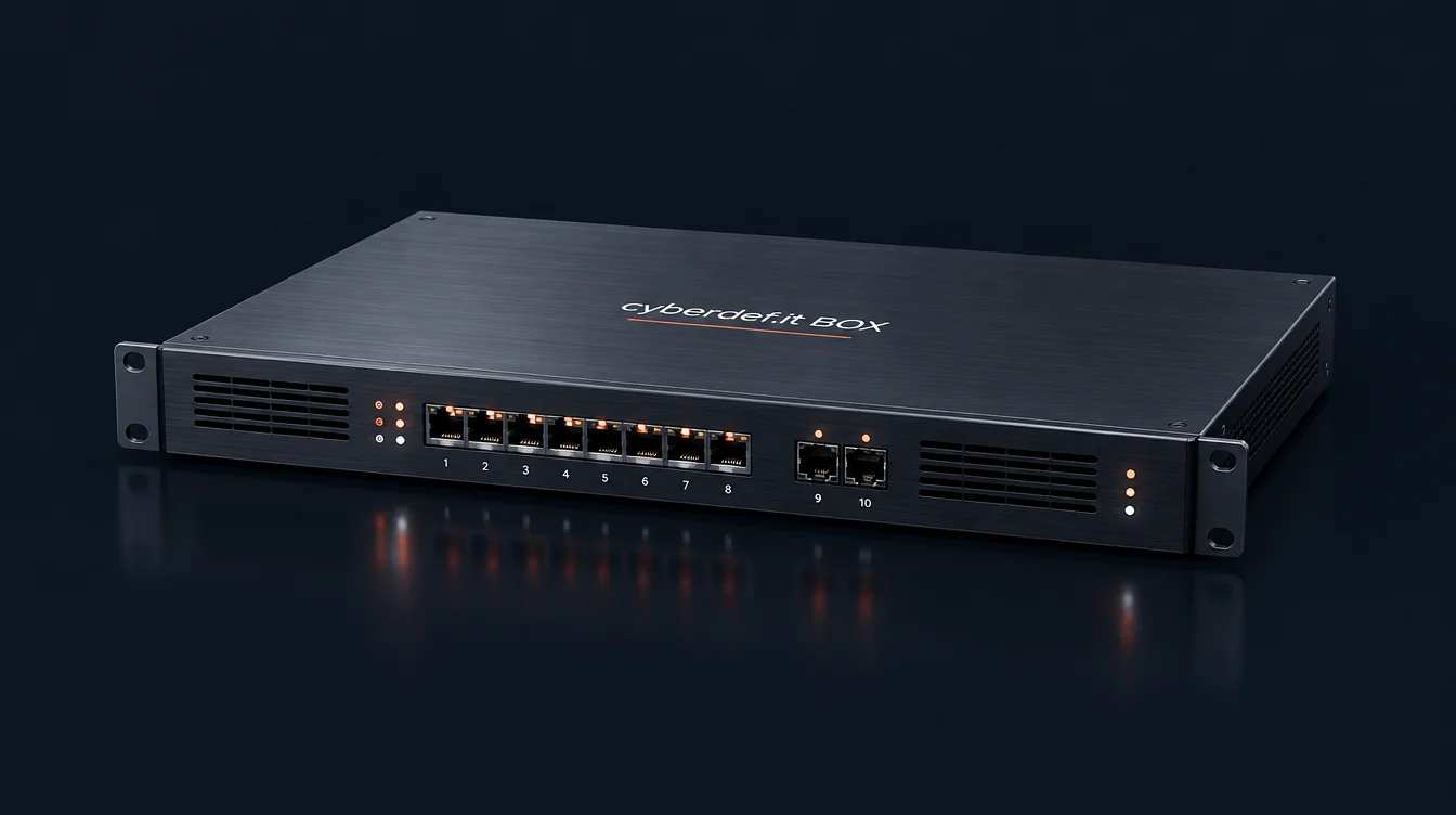 Cyberdef BOX: apparato da rack 1U con logo cyberdef.it BOX sul coperchio e porte di rete sul frontale